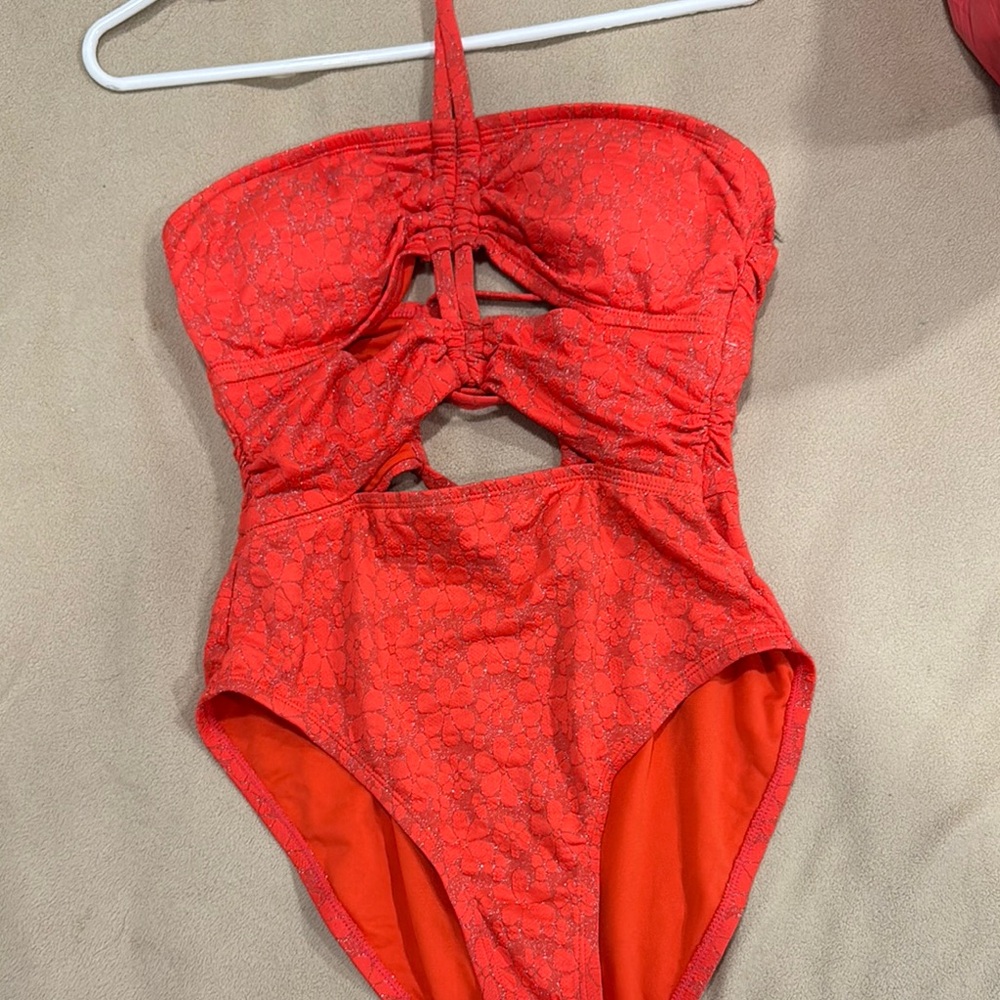 Jessica Simpson Red One Piece Swimsuit with Ruched Halter Design